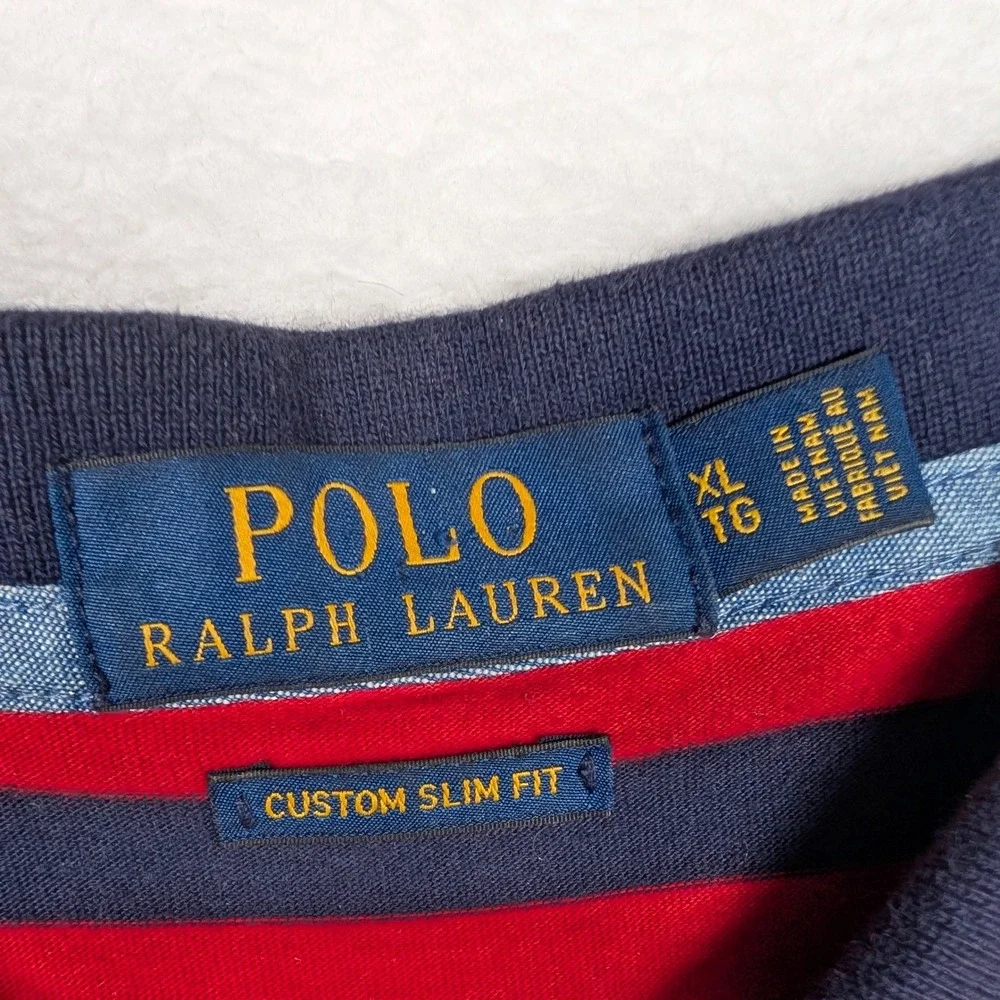 Polo Ralph Lauren‎ Shirt Mens XL Red Blue Stripe Chambray Custom Slim Fit Pony